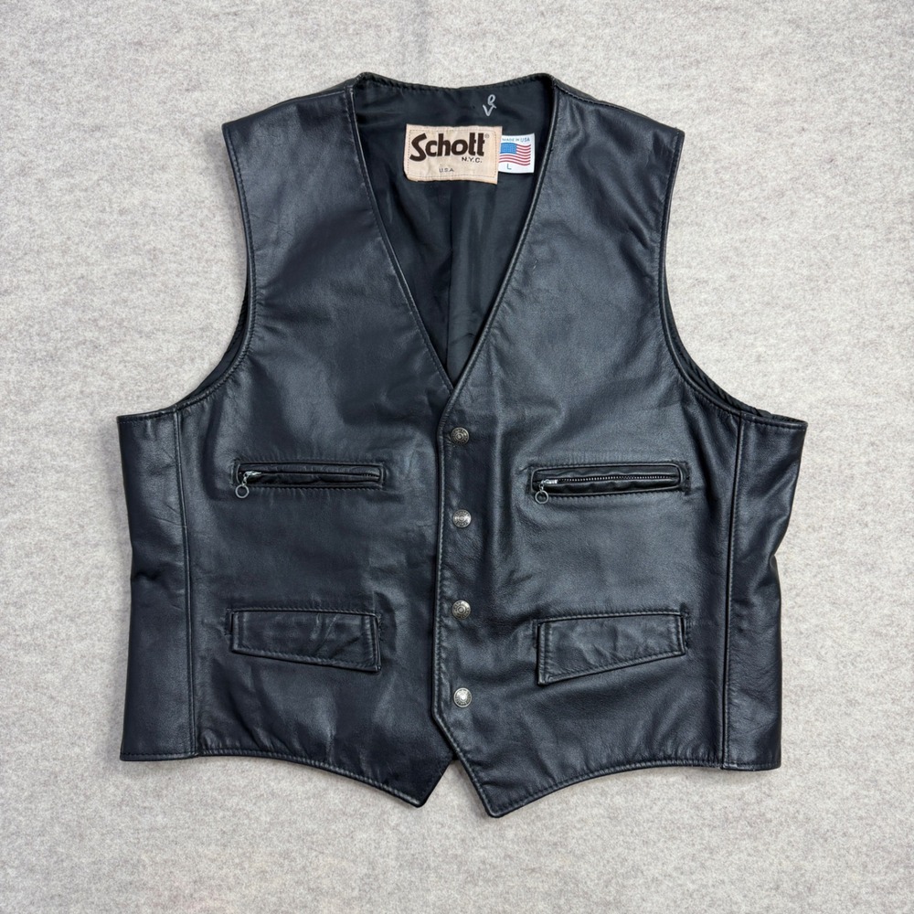Schott NYC Mens Black Leather Biker Motorcycle Vest Made in USA Size L
